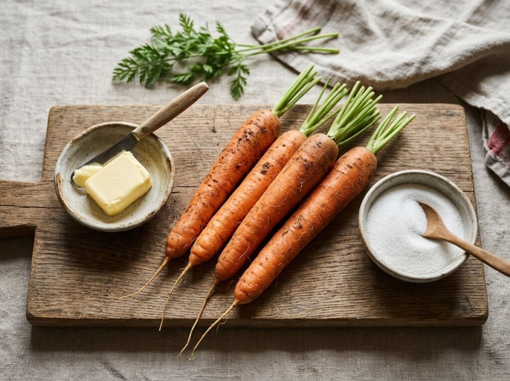 Ingredients for making caramelized carrots, on a wooden cutting board.