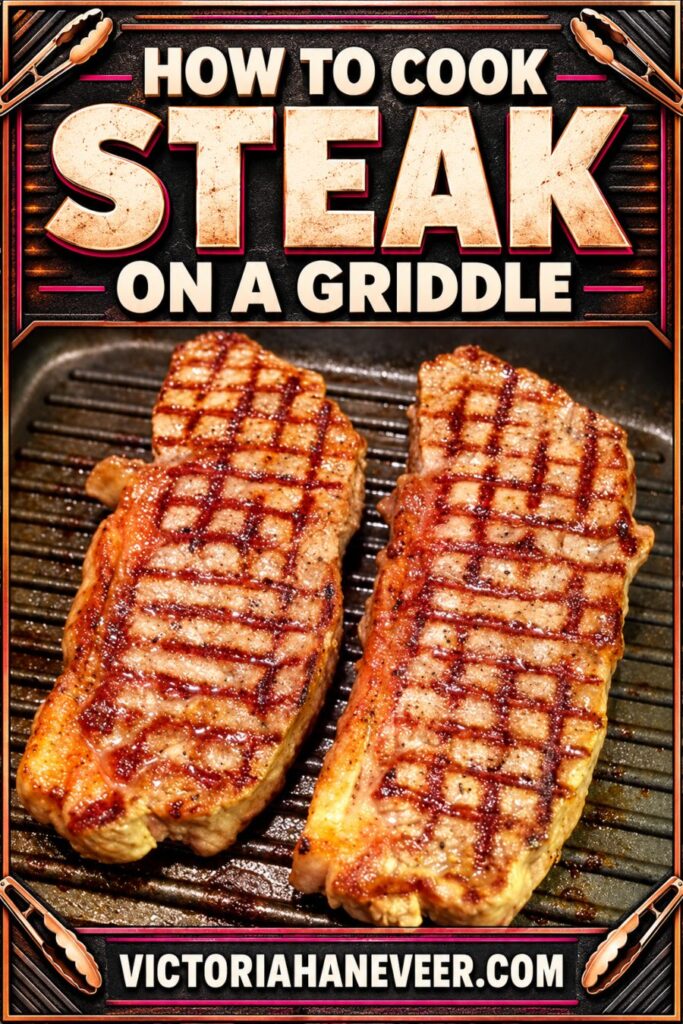 Steak cooking on a griddle with text overlay.
