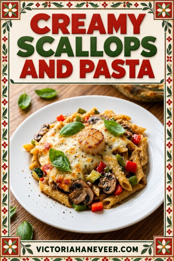 A plate of pasta with scallops and colorful text overlay.
