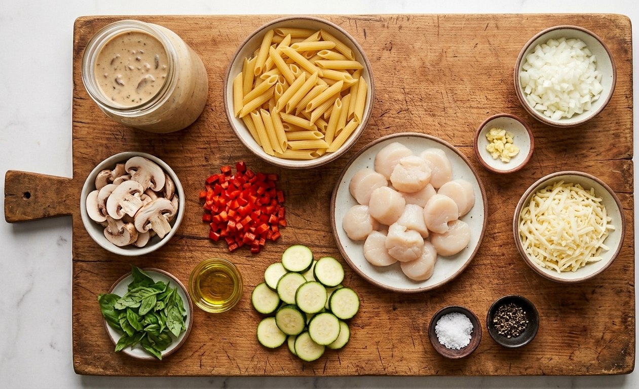 Scallops, dried penne, mushroom sauce, cheese and chopped vegetables arranged on a wooden board