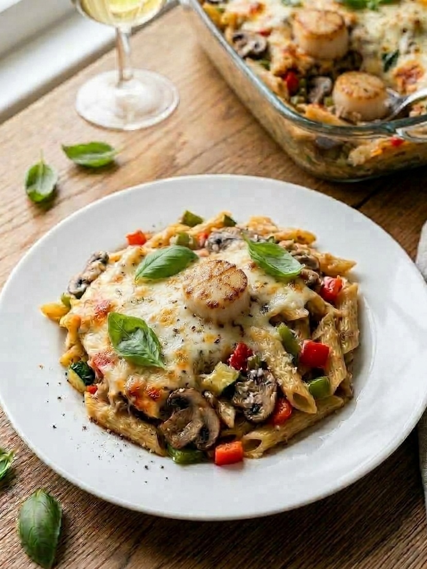 Creamy scallop baked pasta with melted cheese, mushrooms and bell pepper served on a white plate