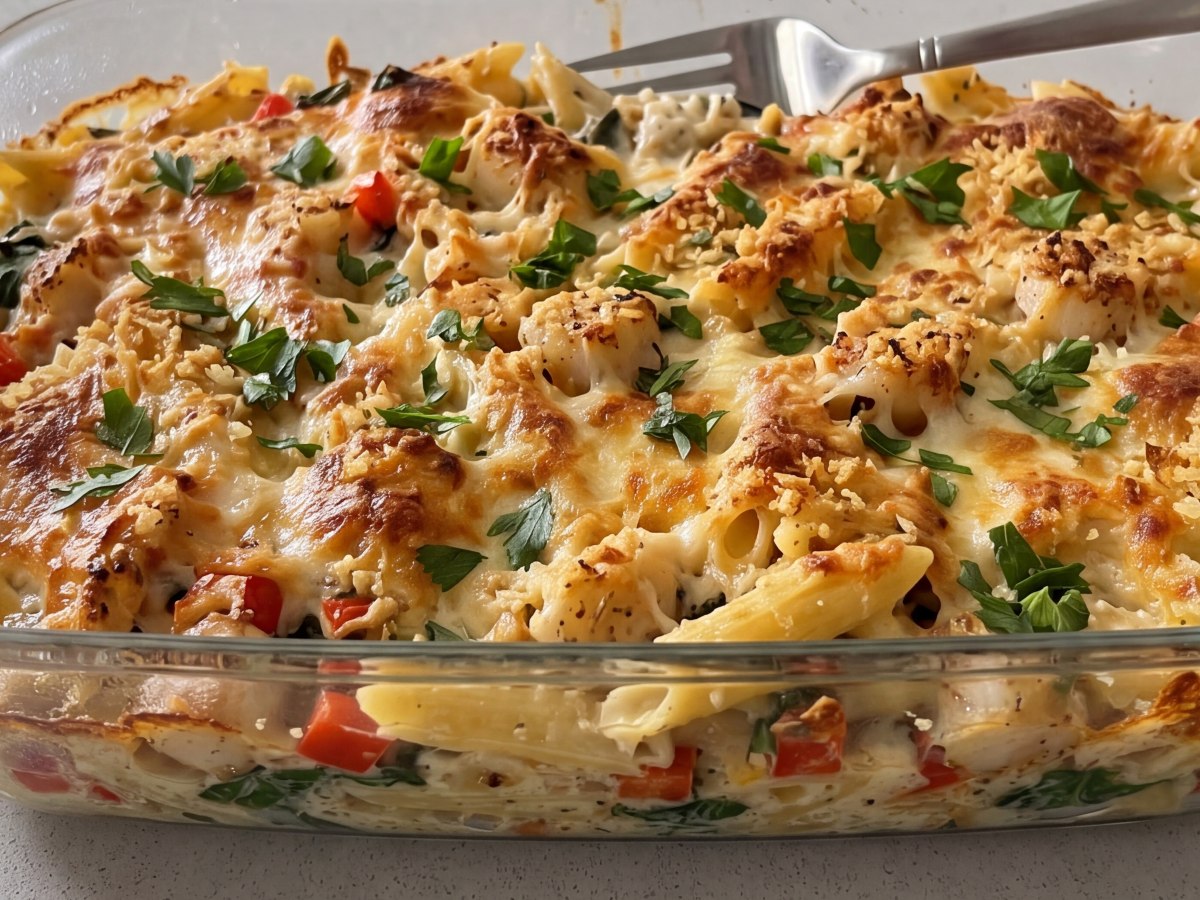 Close-up of scallops and penne pasta baked with browned cheese and chopped herbs
