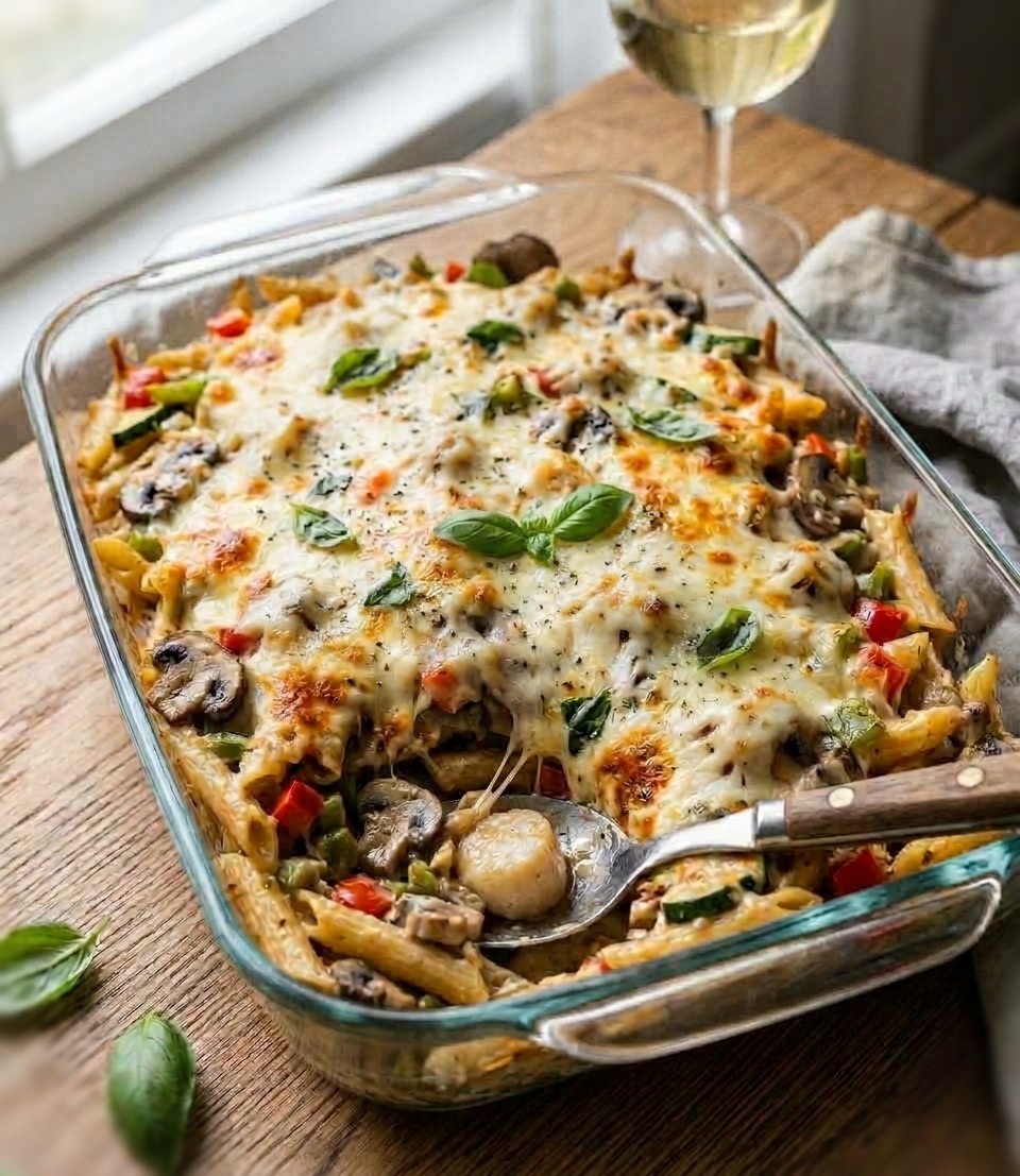 Scallop pasta with melted cheese and vegetables in a glass baking dish