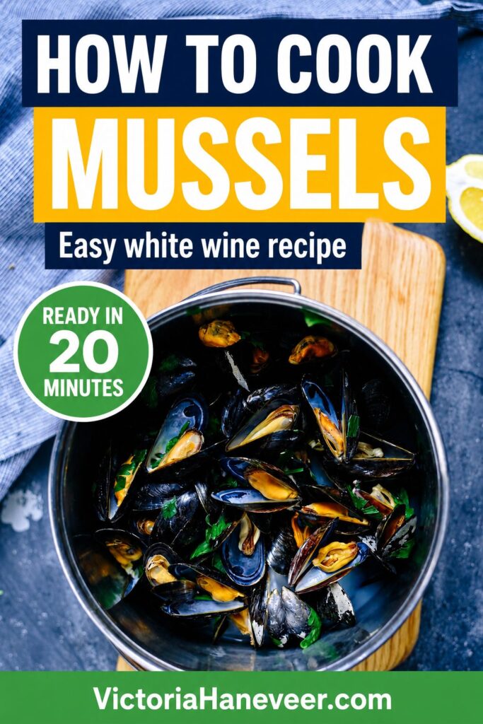 A pot of cooked mussels with herbs and lemon.