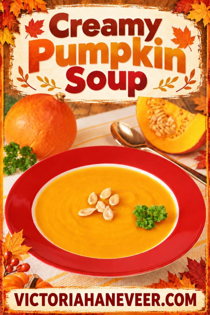 Bowl of pumpkin soup with pumpkin seed and herb garnish. With text overlay saying Creamy Pumpkin Soup.