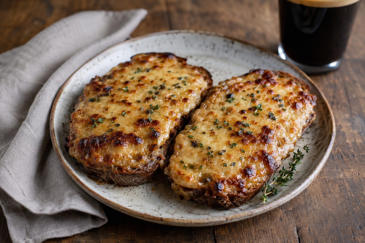 Anglicized rarebit featuring cheese and mustard on toasted bread, on a brown plate.