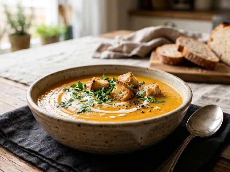 A bowl of creamy butternut squash topped with fresh herbs and croutons.