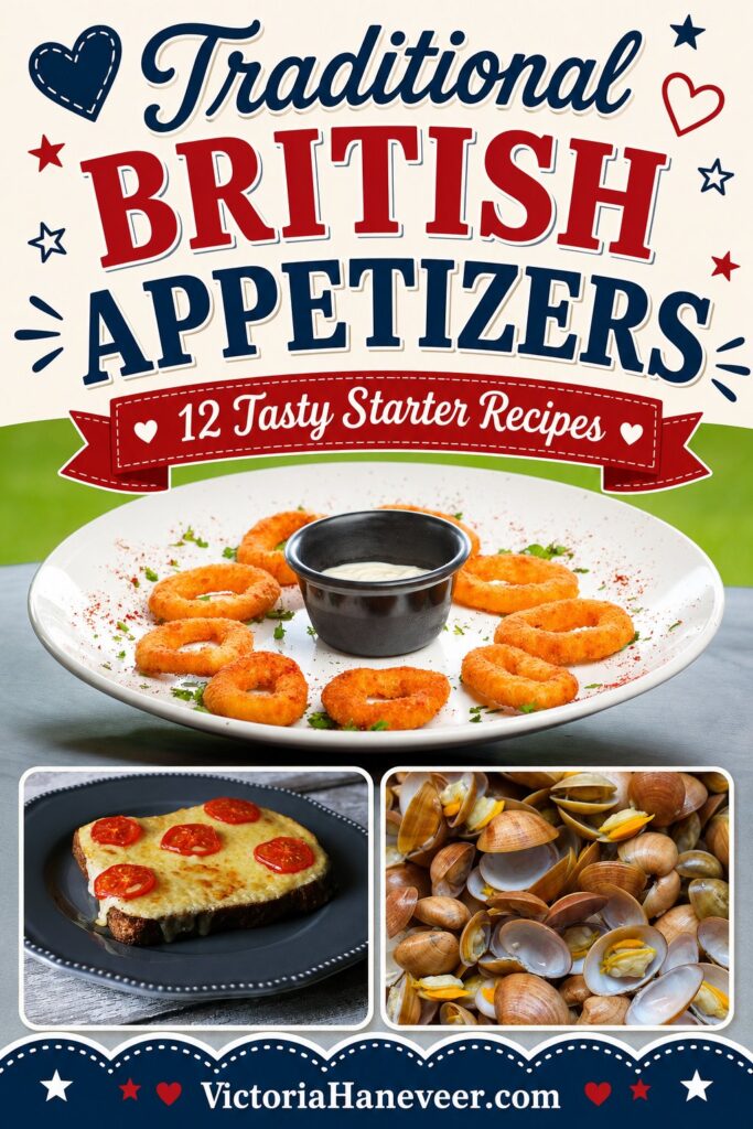 British appetizers including onion rings, Welsh rarebit and cockles.