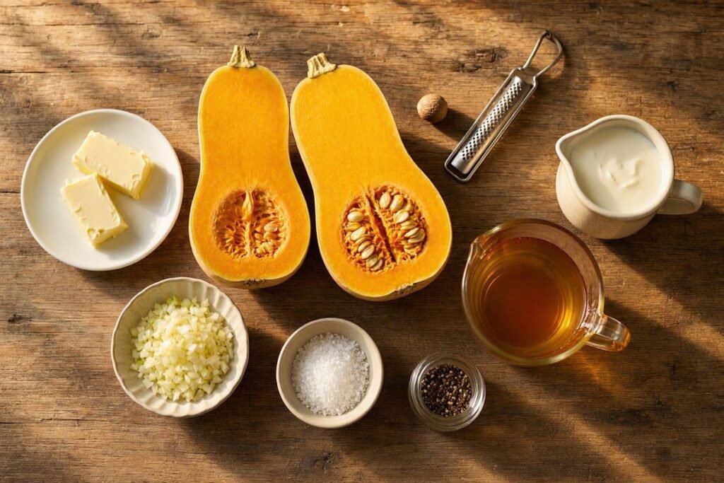 Ingredients for making creamy butternut squash soup.