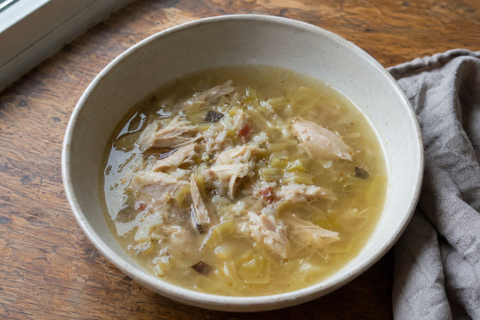 A bowl of cock-a-leekie soup on a wooden table.