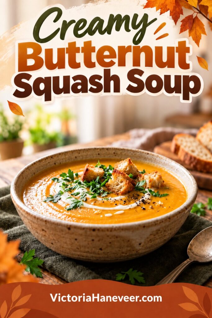 A bowl of creamy butternut squash soup with text overlay.