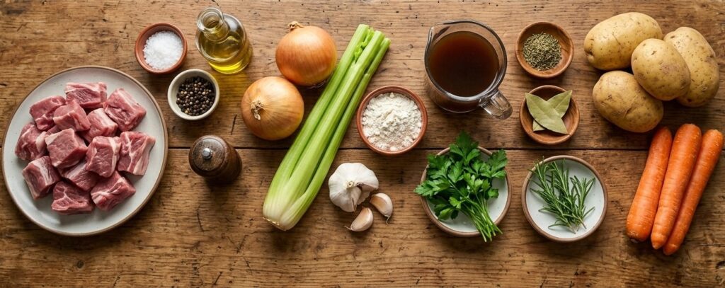 Ingredients for Irish lamb stew on a wooden surface.