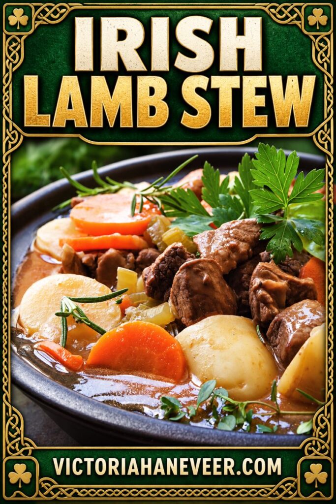 Irish lamb stew with a fresh herb garnish and text overlay.