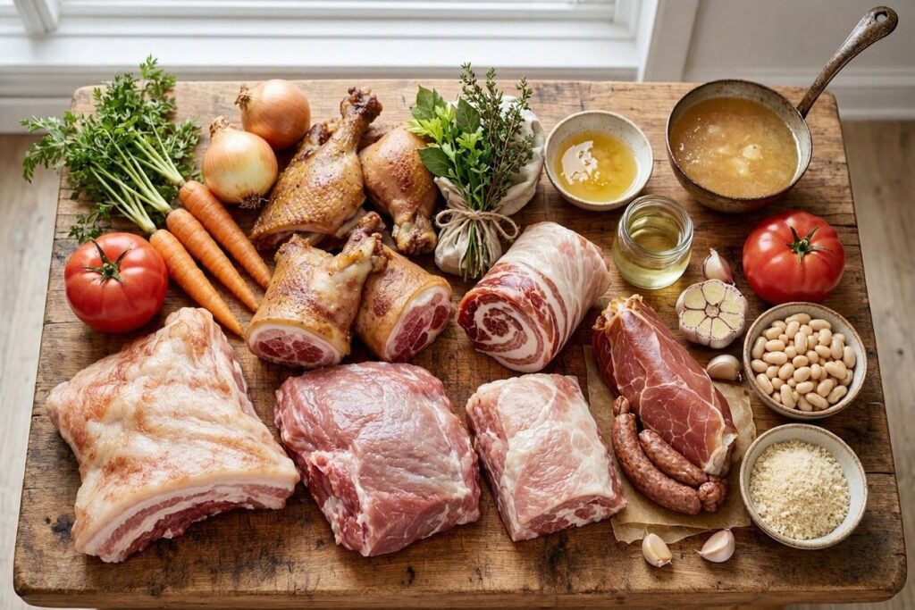 Ingredients for traditional cassoulet on a wooden surface.