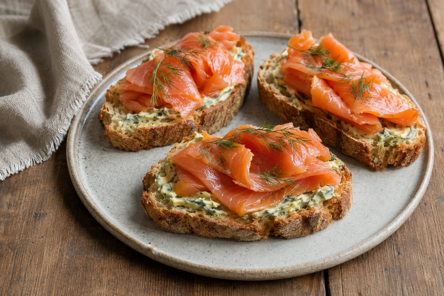 Smoked salmon on soda bread on a plate.