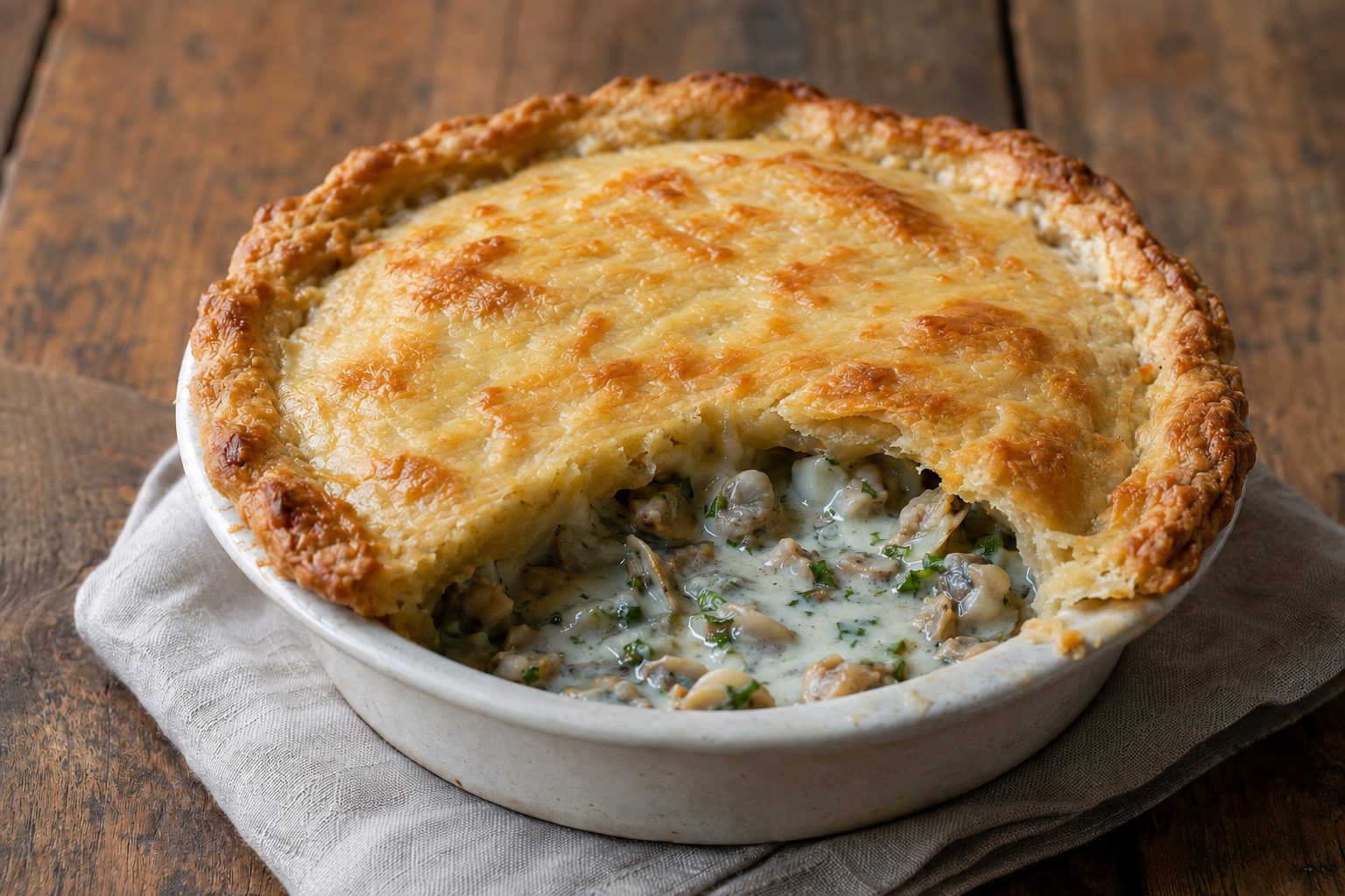 Welsh cockle pie in a baking dish.