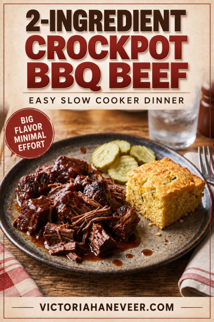 Crockpot beef in BBQ sauce on a plate with sides and a text overlay saying 2-ingredient Crockpot BBQ beef.