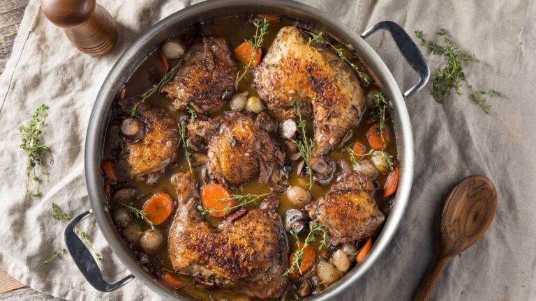 A pan of coq au vin.