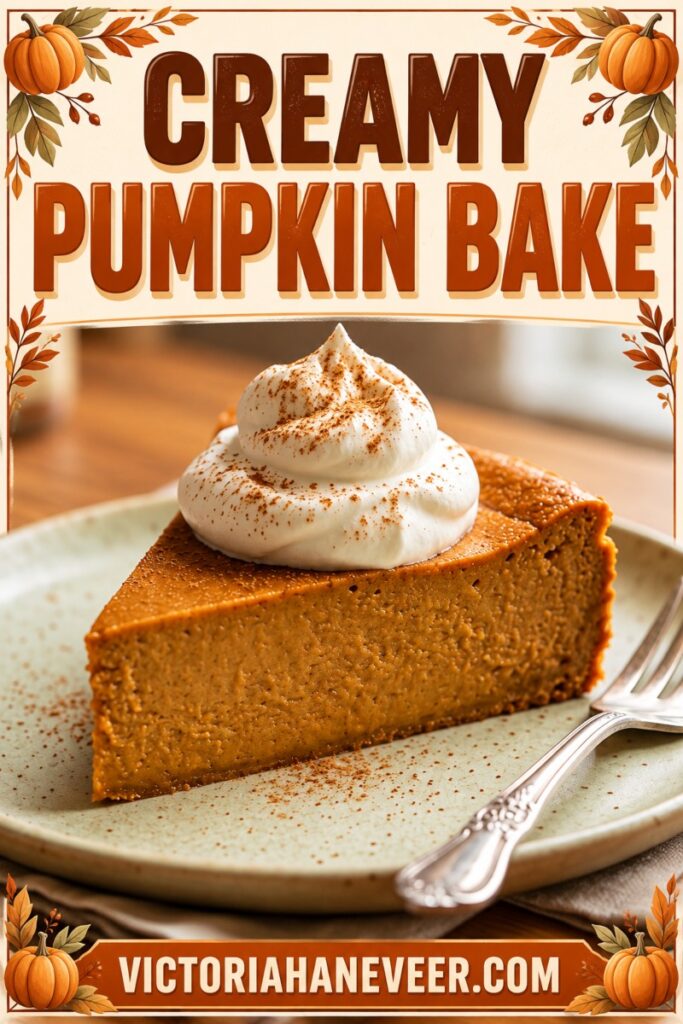 A slice of pumpkin bake dessert with text overlay.