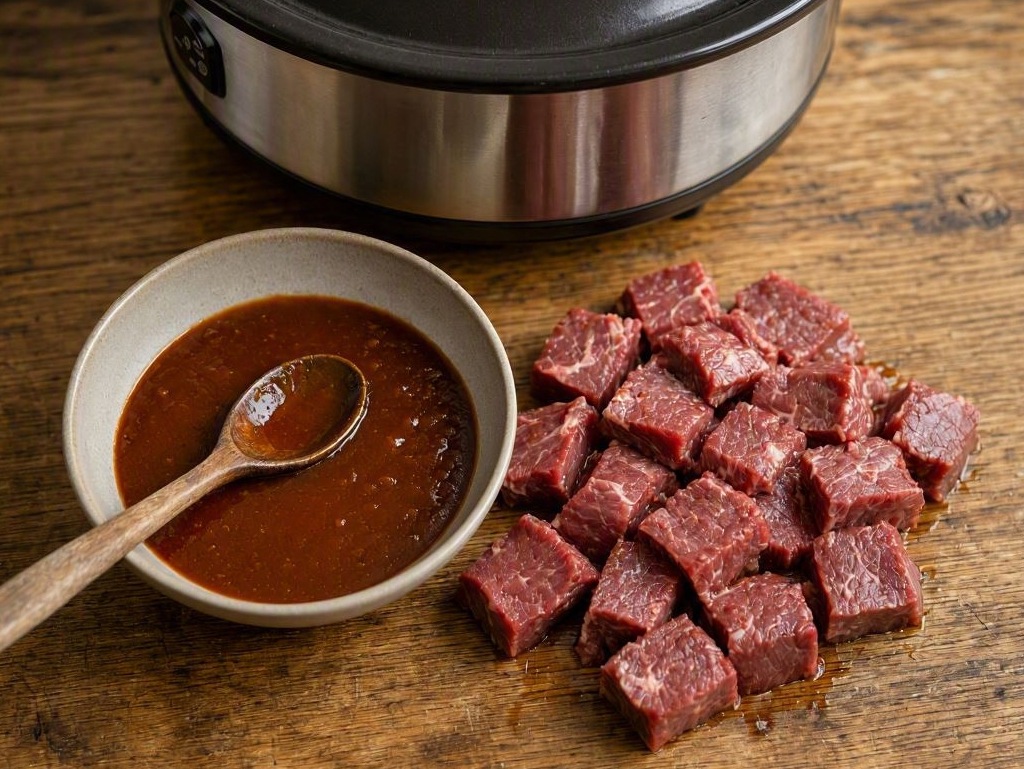 Ingredients for making slow cooker BBQ beef.