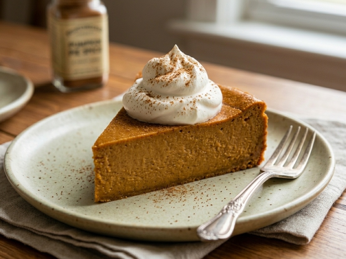 A wedge of creamy pumpkin bake topped with whipped cream and a dusting of cinnamon.