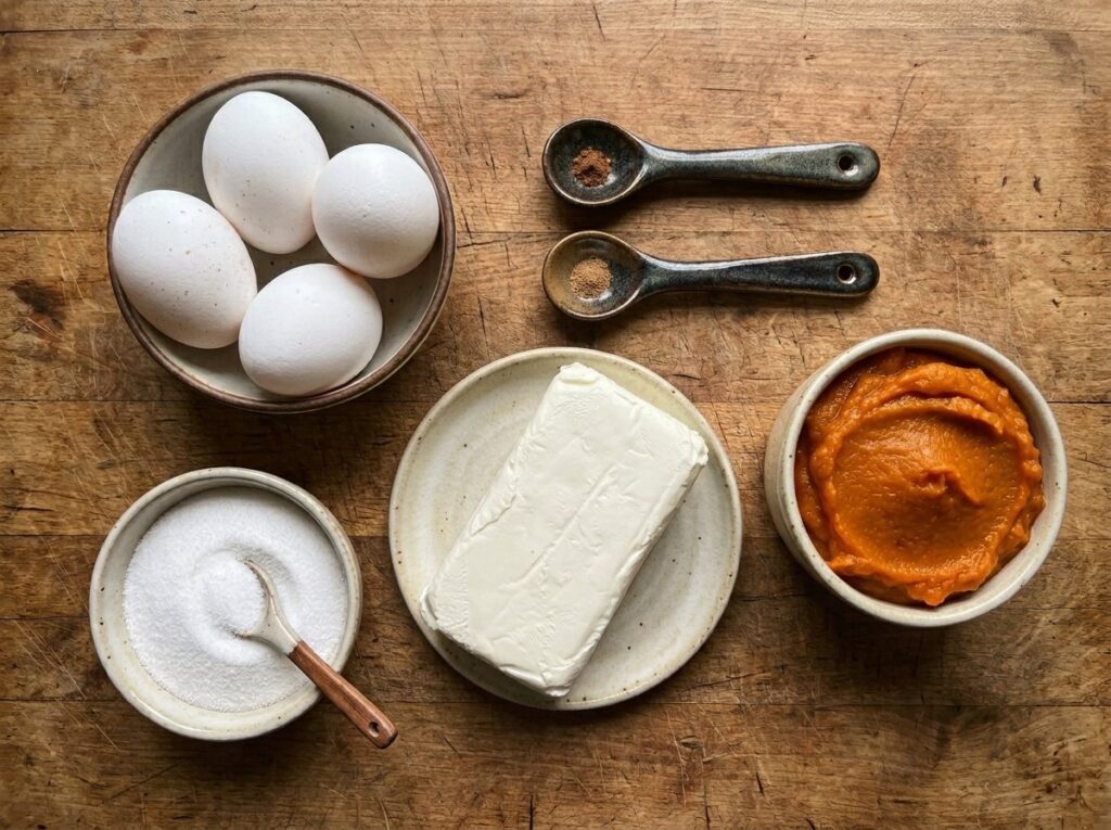 Pumpkin puree, cream cheese, eggs and ground spices arranged on a wooden surface.
