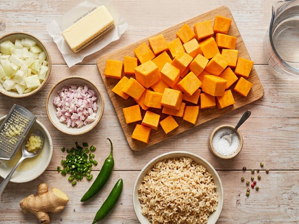 Pumpkin cubes, chopped onion and shallot, butter, cooked rice, ginger, green chilies, salt and a pitcher of water arranged on a wooden surface.