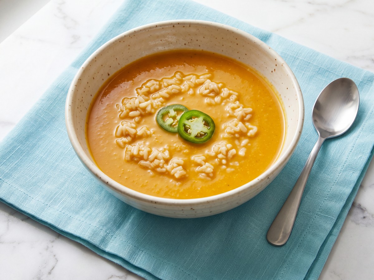 Pumpkin soup with rice and sliced green chili in a speckled bowl on a blue napkin.