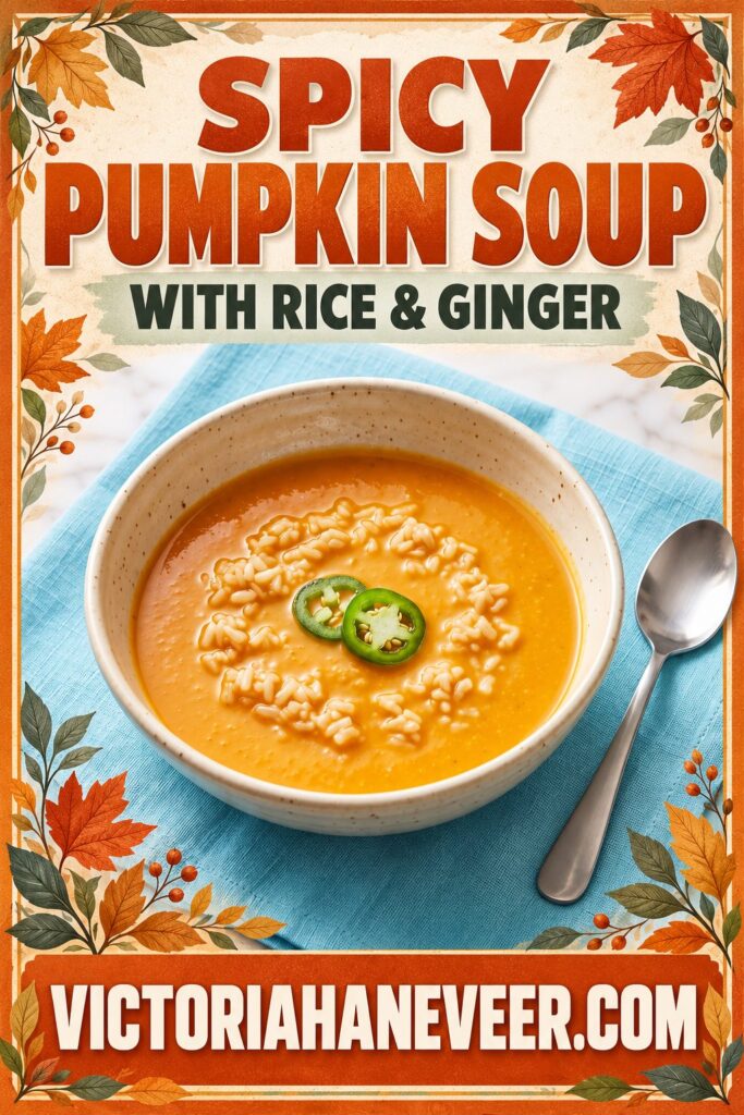 Spicy pumpkin soup with text overlay. Pinterest size.