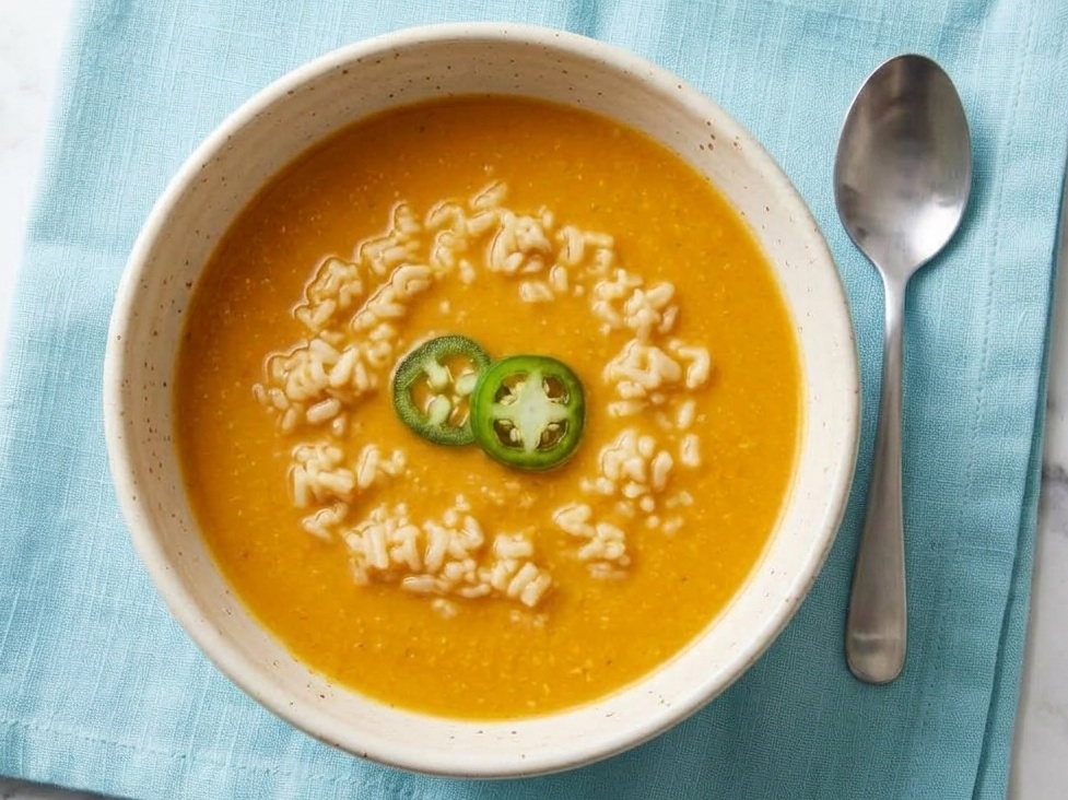 Overhead view of orange pumpkin soup topped with rice and sliced green chili, with a spoon beside the bowl.