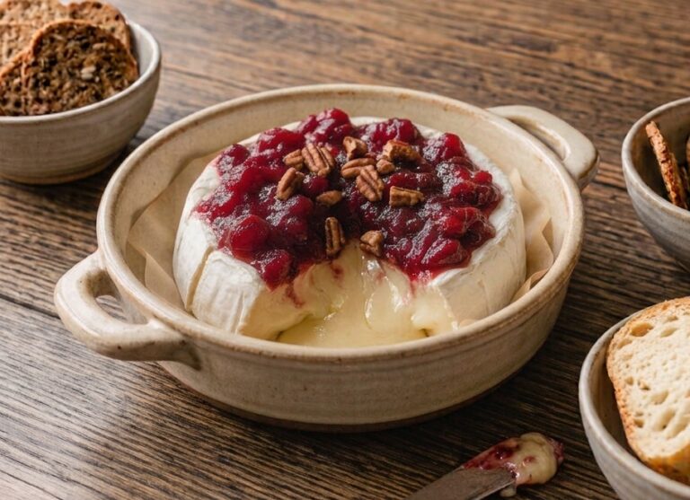 Baked brie with a melted center, topped with cranberry sauce and chopped pecans, served with crackers and sliced baguette.