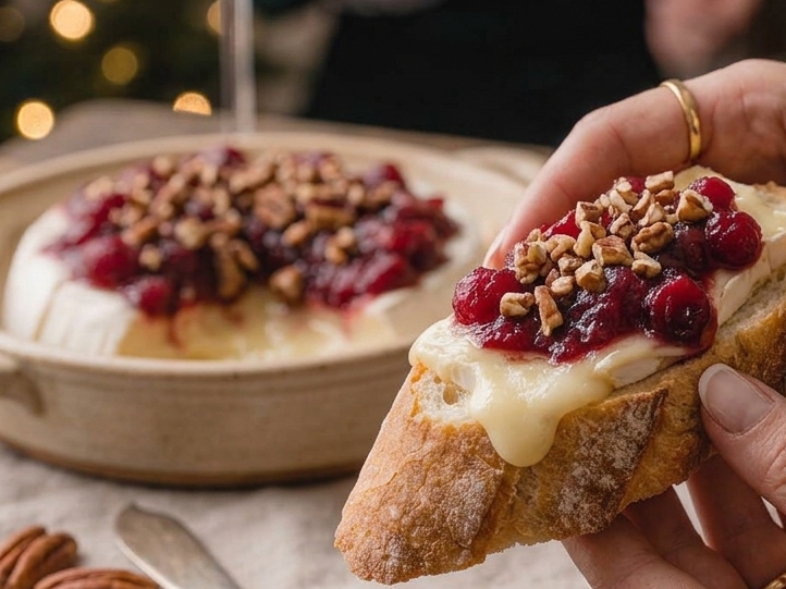 Baked brie cheese spread on baguette with cranberry sauce and chopped pecans on top.