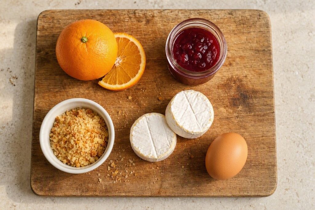 Ingredients for baked crispy Camembert cheese.