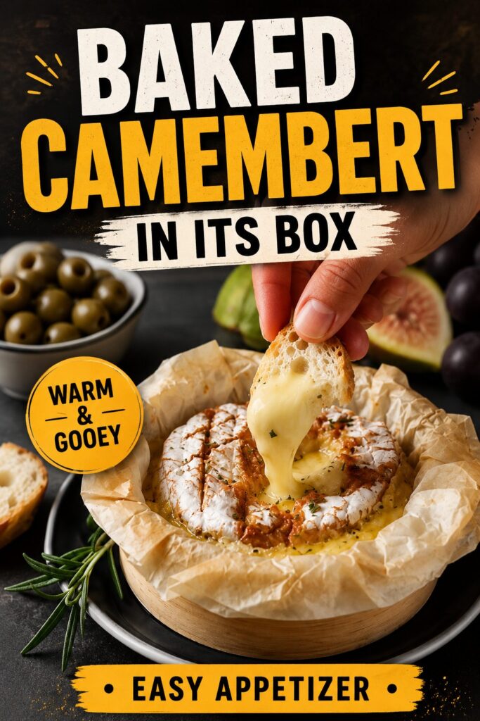 Baked Camembert cheese baked in a wooden box with dippers.