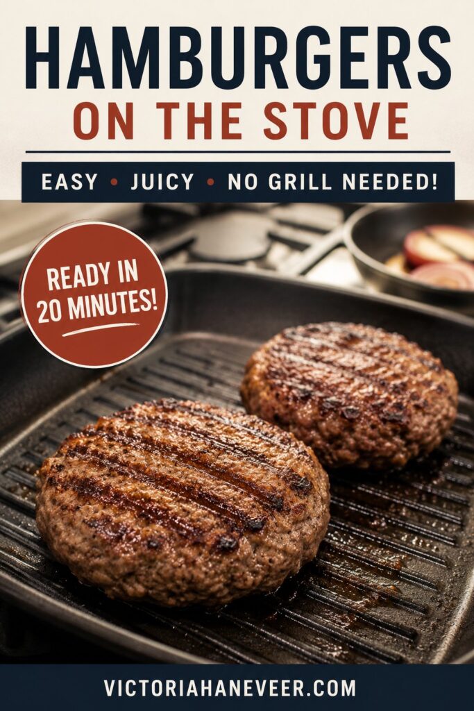 Burgers cooking in a griddle pan on the stove.