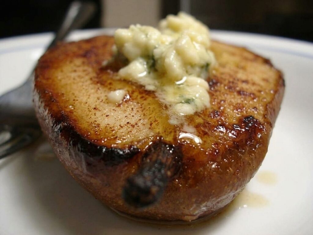 Closeup of a blue cheese filled roasted pear.