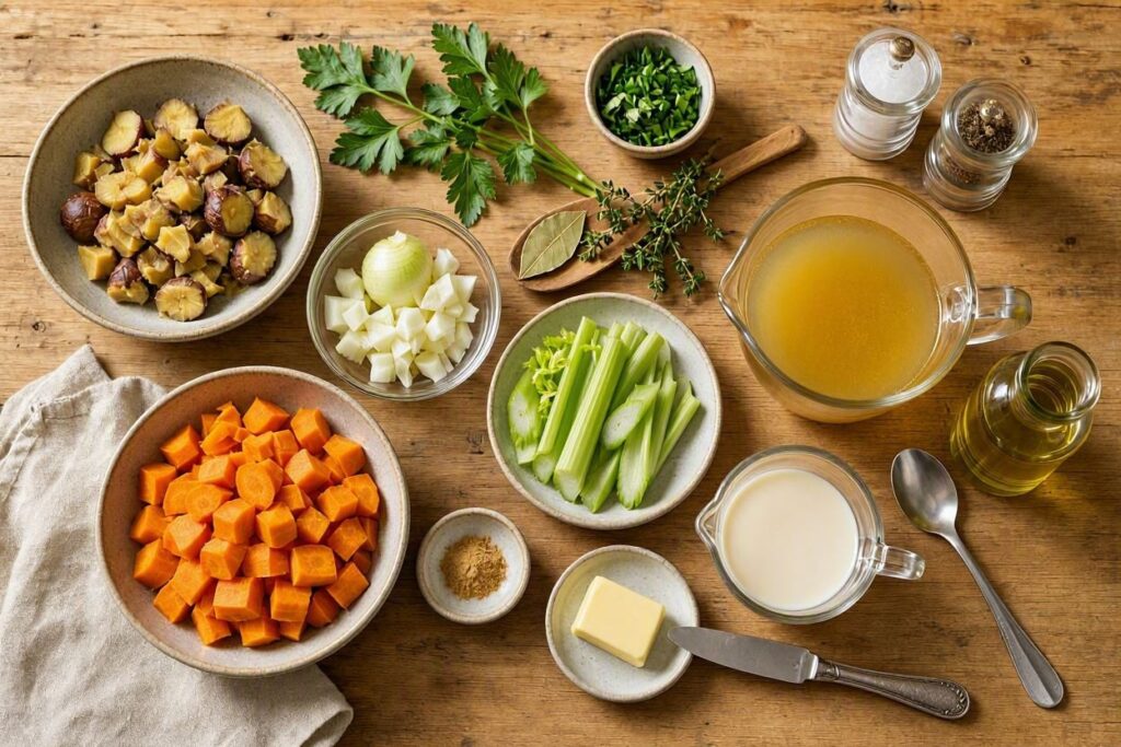 Ingredients for carrot chestnut soup on a wooden table.