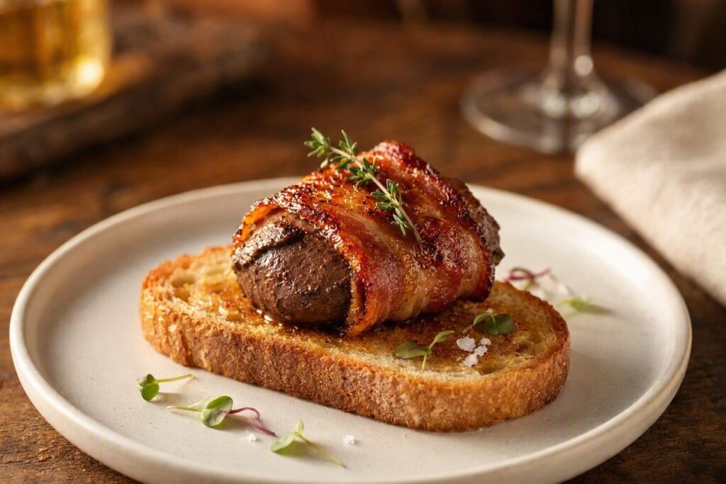 Bacon-wrapped chicken liver on buttered toast.