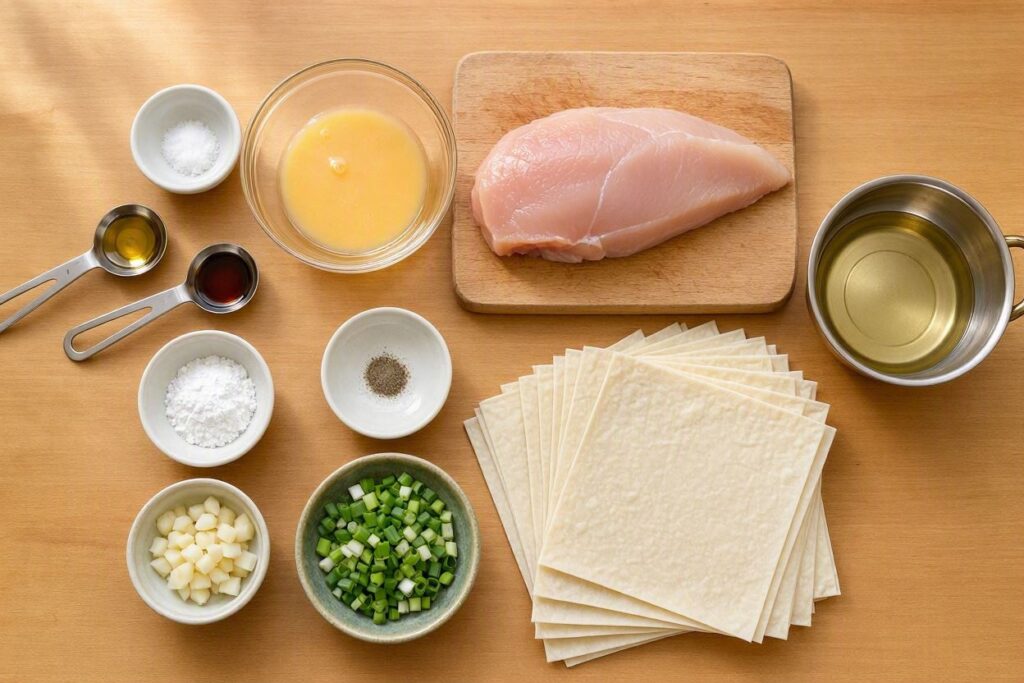 Chicken, wonton wrappers, green onions, water chestnuts and seasonings for chicken wontons.