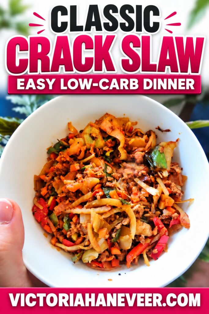 A bowl of crackslaw with a text overlay saying "Classic Crack Slaw".