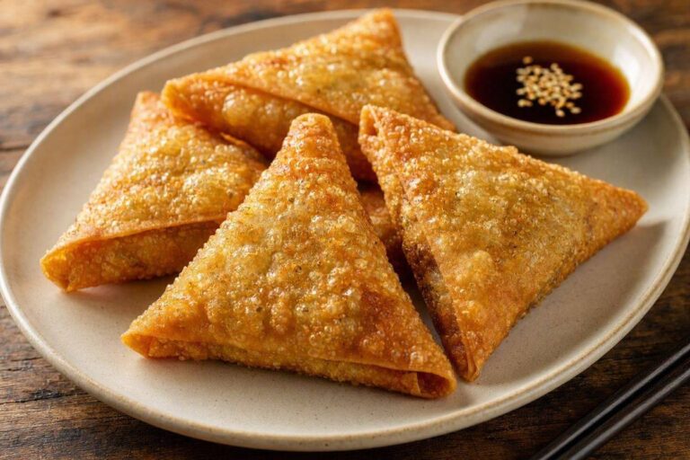 Deep-fried chicken wontons with a small bowl of dipping sauce.