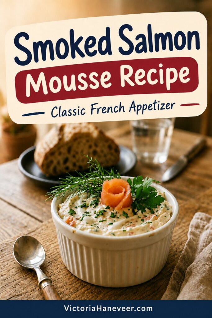 Smoked salmon mousse appetizer in a ramekin, garnished with smoked salmon and fresh herbs.