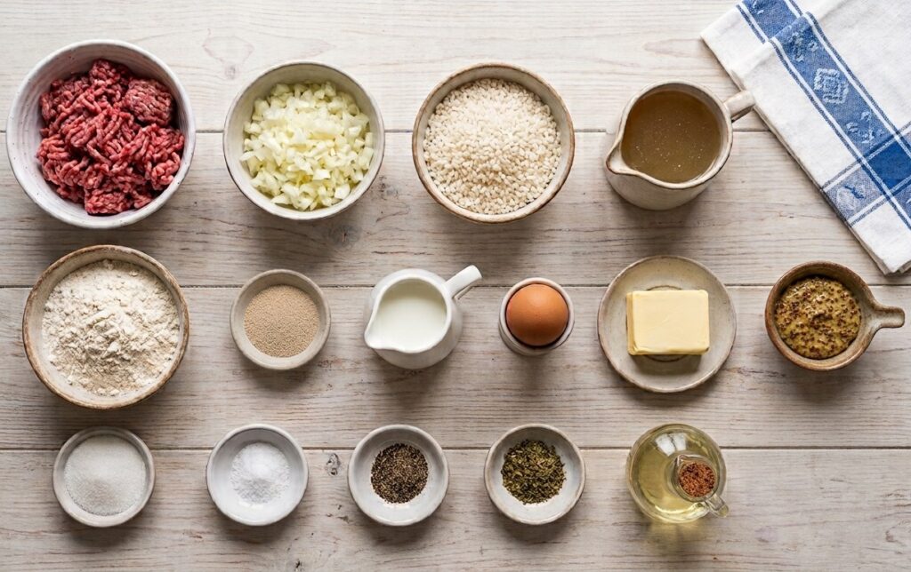 Ingredients for making Finnish meat pies, on a wooden table.