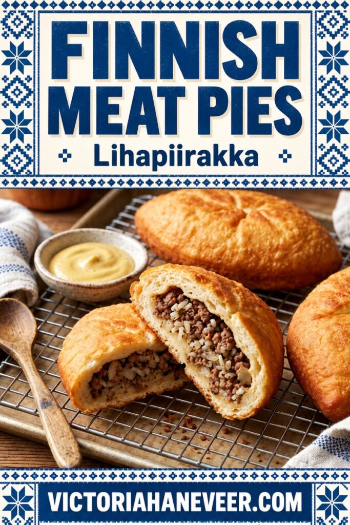 Finnish meat pies on a plate with mustard, with a text overlay saying "Finnish meat pies" - sized for Pinterest.
