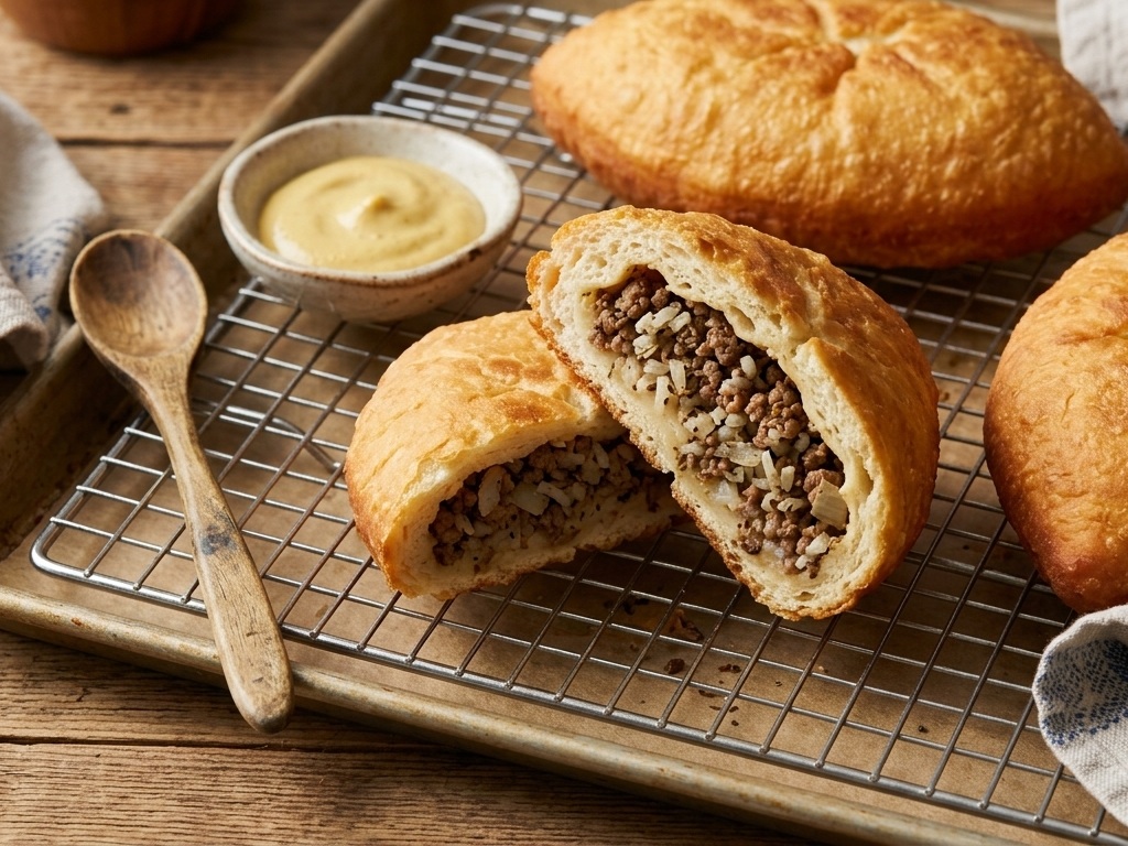 Golden Finnish meat pies on a wire rack, with one cut open to show the meat and rice filling.