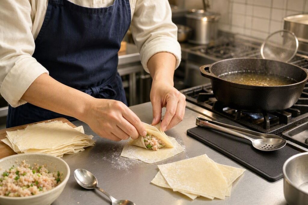 Folding a filled wonton wrapper into a triangle.