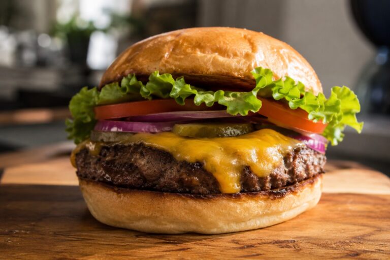 Juicy hamburgers with cheese, onions and salad served in burger buns.