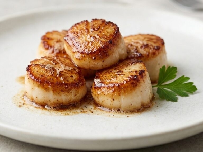 A plate of seared scallops with a sprig of parsley for garnish.