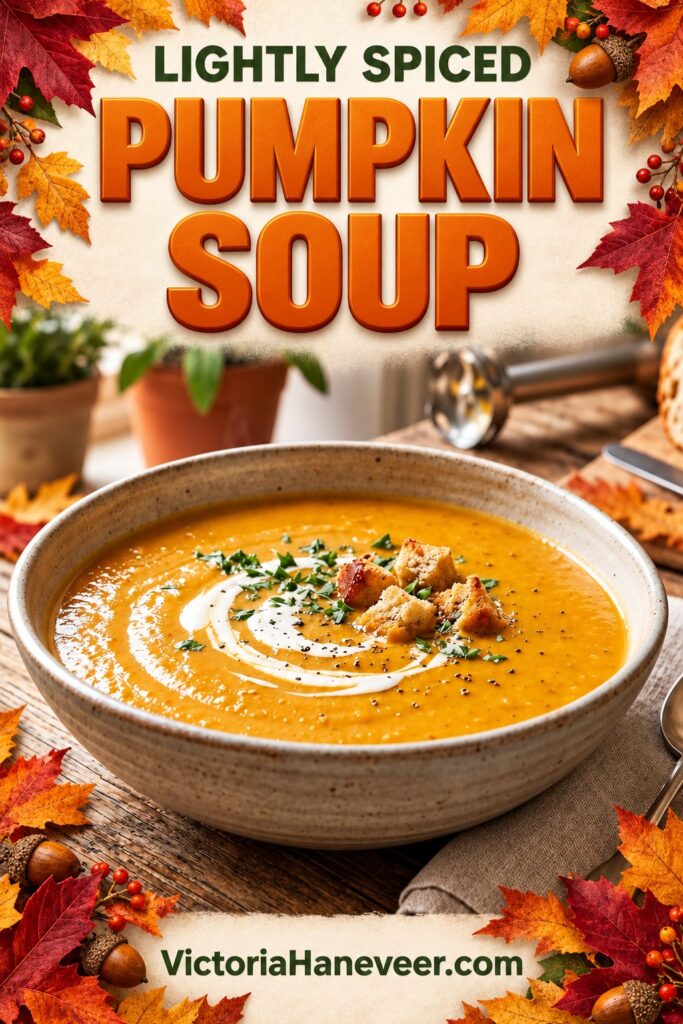 Fall-themed image of a bowl of pumpkin soup with text overlay, "lightly spiced pumpkin soup" and "VictoriaHaneveer.com".