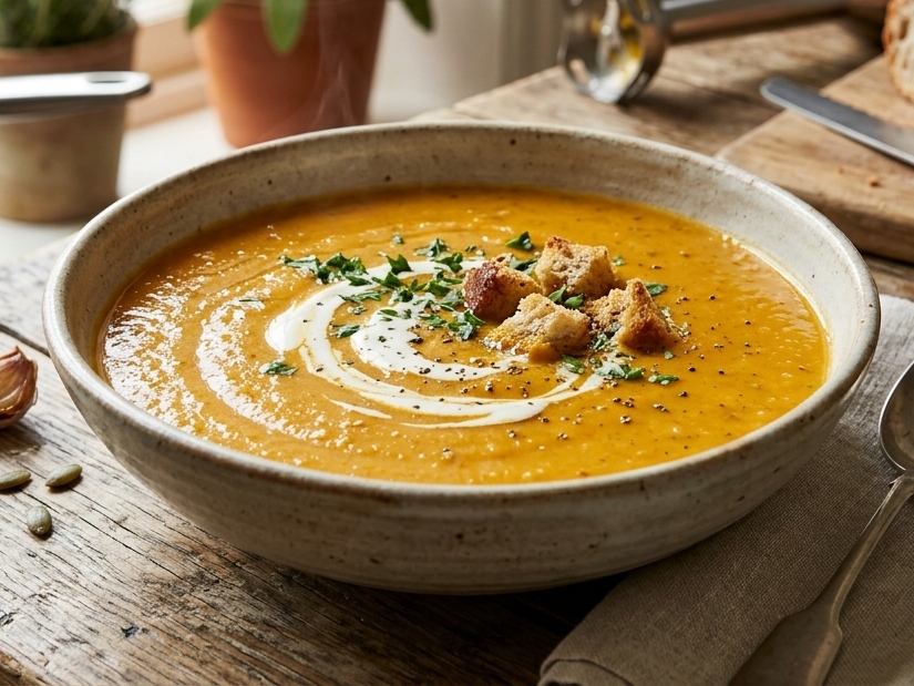 A bowl of lightly spiced pumpkin soup with cream, herbs and croutons.